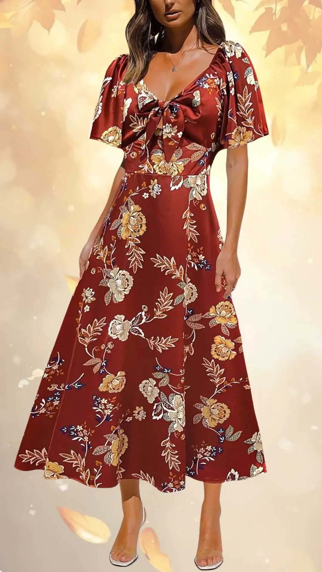 The dress features a rich burgundy fabric adorned with vibrant floral patterns in cream, yellow, and blue. It has a flattering A-line silhouette with short, fluttery sleeves and a tied waist detail for added shape. The design is suitable for fall occasions, creating an elegant and feminine look.