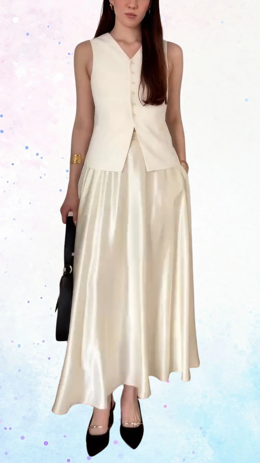 The outfit features a sleeveless, cream-colored top with a V-neckline and button details, paired with a flowing, full-length skirt made of lustrous satin that gently drapes to the floor. The combination of the sleek fabric and soft shades creates an elegant and celebratory look, perfect for a baby shower. A chic black handbag and pointed-toe black heels complete the ensemble.