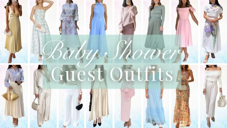 A collection of elegant outfits suitable for a baby shower, featuring a variety of fabrics and styles. Options include a flowy floral dress with a fitted bodice and skirt, a pastel off-the-shoulder dress with soft sleeves, and a light blue jumpsuit with a belted waist. Textures range from soft silks to flowing fabrics, adorned with subtle pleats, delicate embroidery, and tasteful embellishments, creating a celebratory atmosphere.