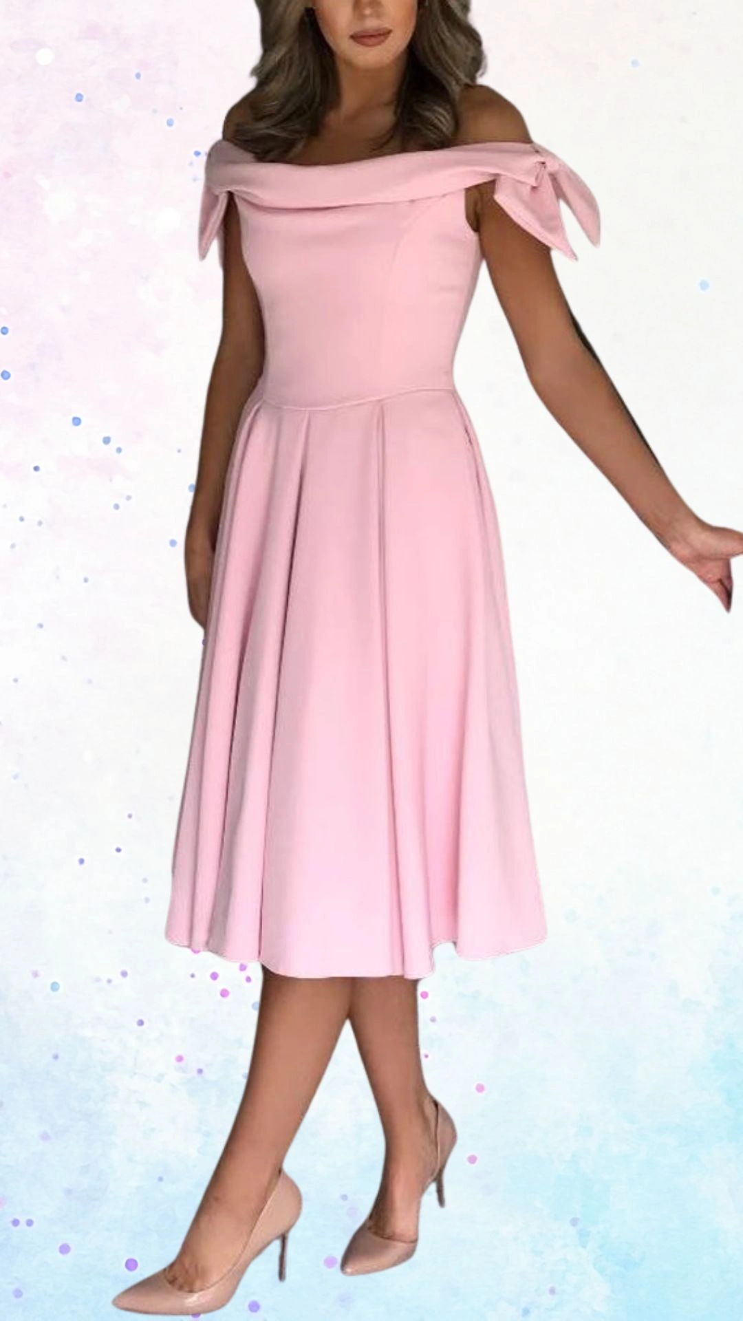A soft pink off-shoulder dress features elegant bow accents on the sleeves and a fitted bodice that flows into a gently pleated skirt, creating a graceful silhouette. The fabric has a smooth texture, making it perfect for the joyful celebration of a baby shower. Paired with neutral high-heeled shoes, this outfit embodies a charming and festive vibe.