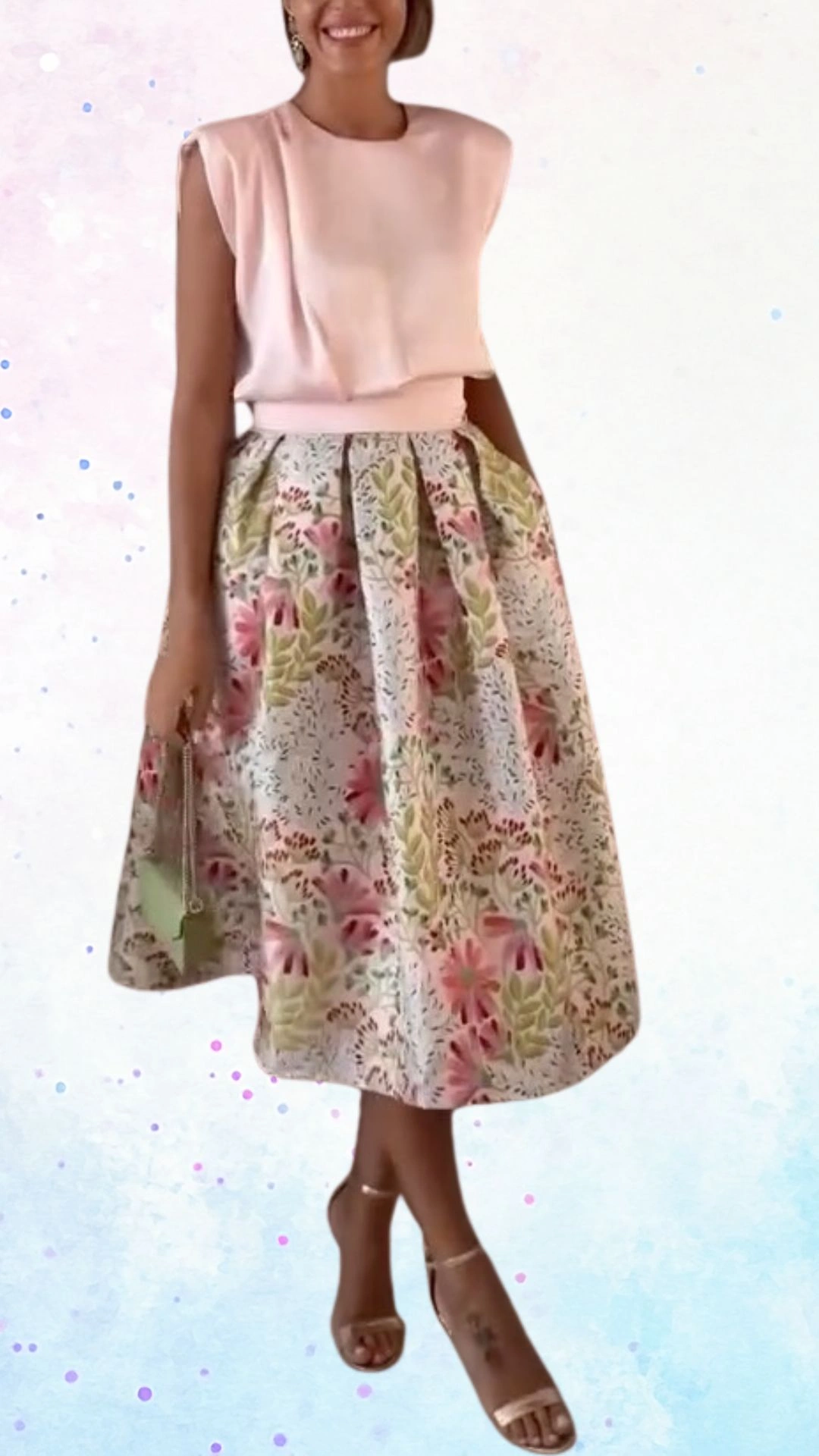 The outfit features a soft pink sleeveless top paired with a knee-length floral skirt adorned with vibrant pink and green patterns. The skirt includes gentle pleats that add volume, while the silk-like fabric shines subtly, enhancing its festive charm, complemented by strappy nude heels and a small green handbag.