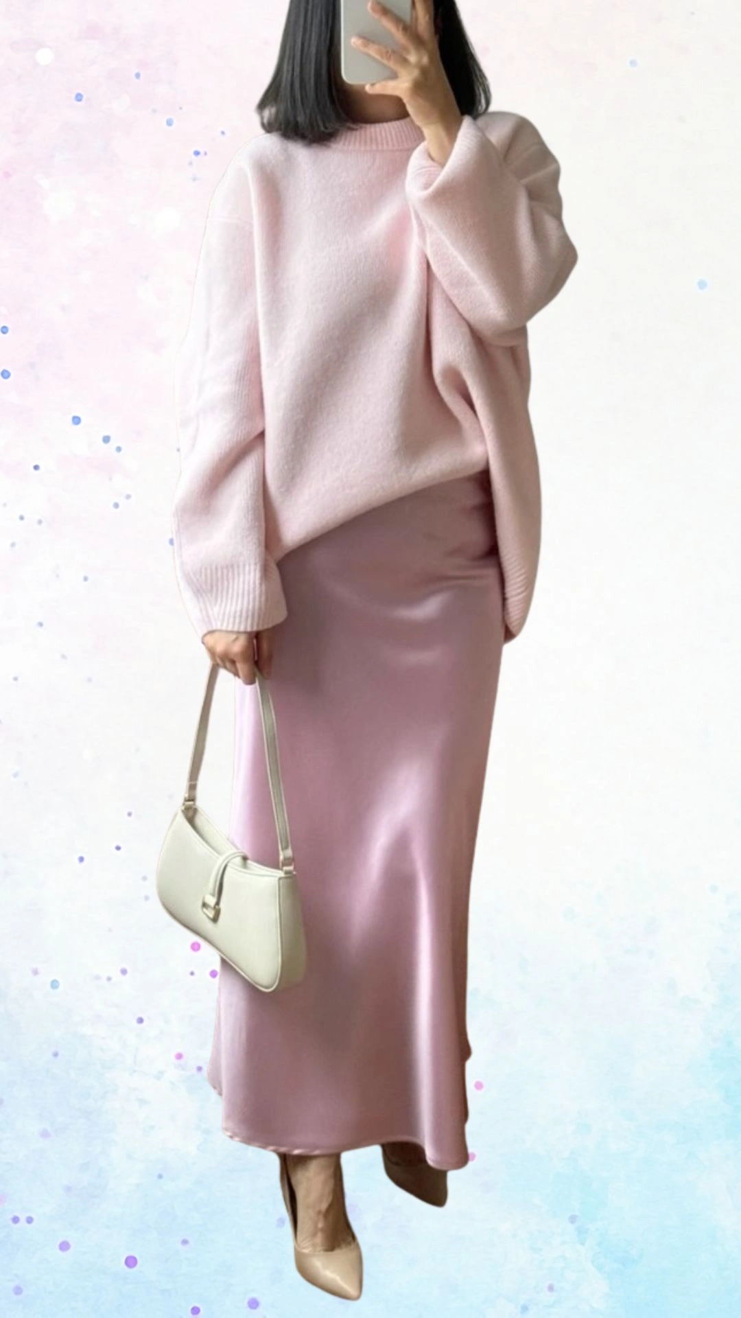 The outfit features a soft, oversized pink sweater with ribbed cuffs, paired with a sleek, satin pink maxi skirt that drapes elegantly to the floor. The combination creates a gentle, feminine silhouette appropriate for a baby shower celebration, enhanced by the relaxed neckline and neutral-toned heels that complete the look.