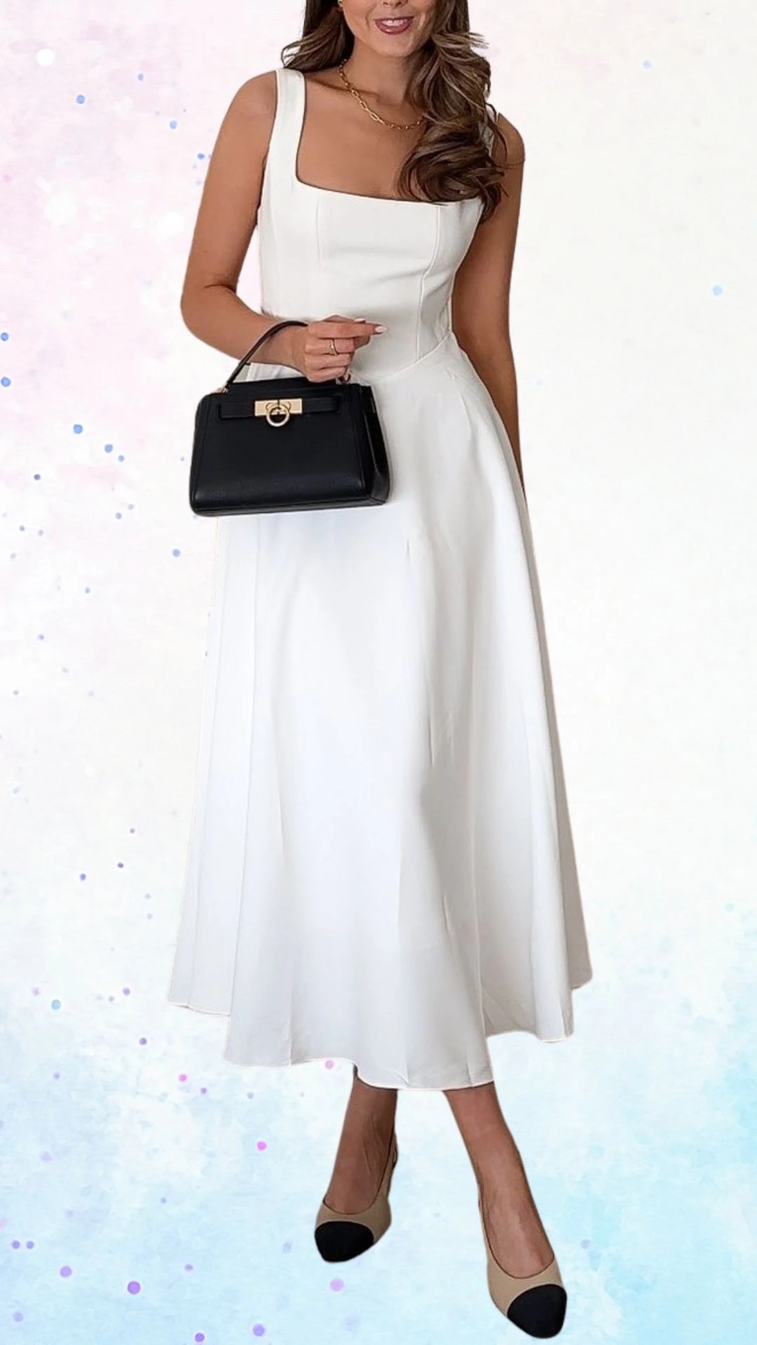 The outfit features a sleeveless, knee-length, A-line dress in a soft white fabric with a structured square neckline, creating an elegant silhouette. It is paired with stylish nude pumps that have black pointed caps, while a chic black handbag adds a sophisticated touch. The flowing skirt gently drapes, enhancing the celebratory essence suitable for a baby shower.