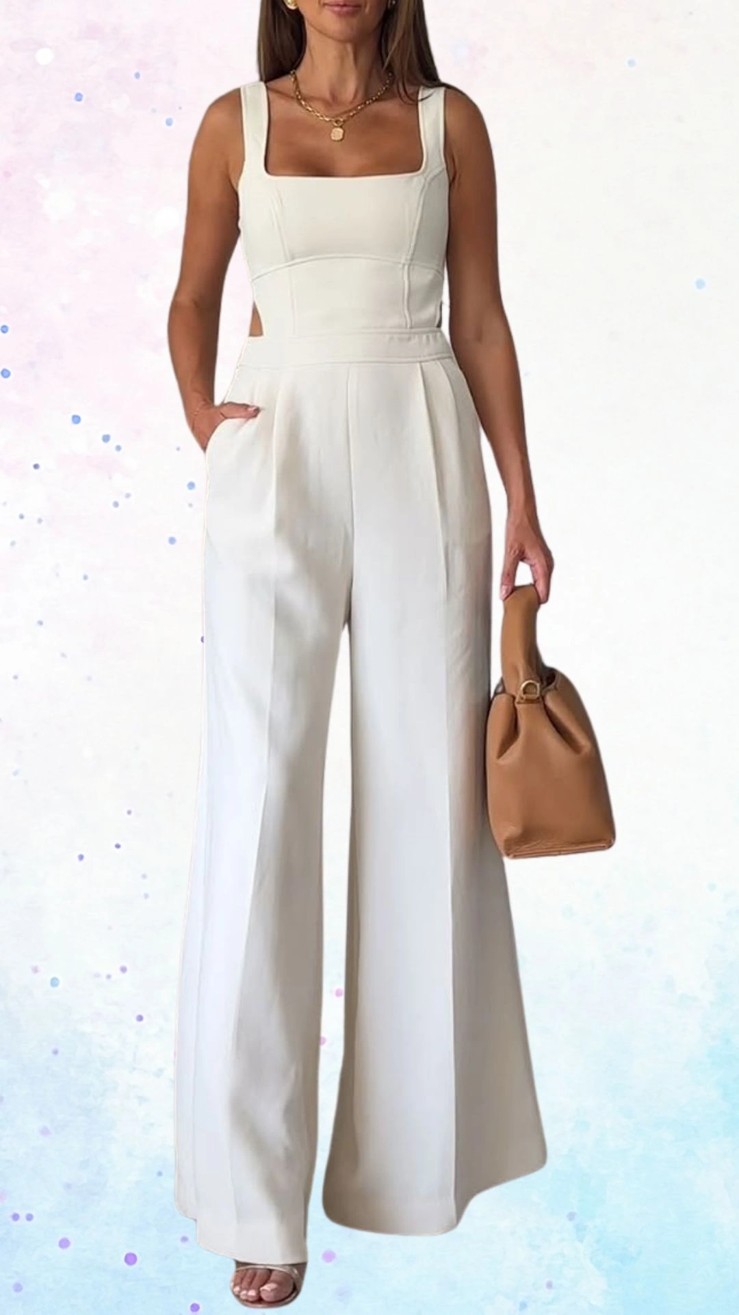 The outfit is a white, sleeveless jumpsuit with a square neckline and wide-leg trousers. The fabric has a smooth texture, and the design features side pockets and tailored pleats for an elegant silhouette. It is paired with a simple tan handbag, adding a touch of sophistication.