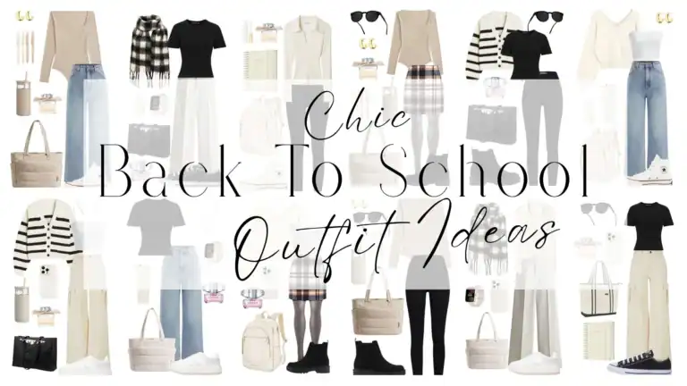 A variety of chic back-to-school outfits are displayed, featuring long-sleeve tops in neutral tones, plaid skirts, and high-waisted jeans paired with stylish sneakers. Accessories include oversized tote bags in beige and black, a cozy striped cardigan, and trendy sunglasses. Statement pieces like gold hoop earrings and a black and white scarf complete the looks, offering versatile options for students.