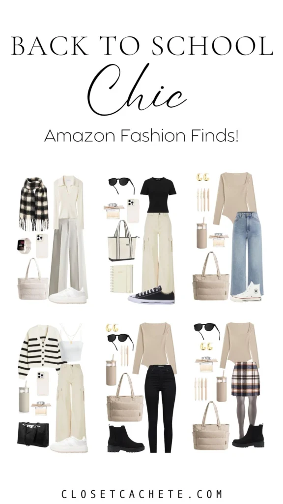 The image showcases stylish back-to-school outfit combinations featuring a mix of modern tops, wide-leg trousers, and fitted jeans, paired with sneakers and ankle boots. Accessories include oversized sunglasses, tote bags, and layered jewelry, offering a chic yet functional look perfect for students. The color palette is neutral with soft earth tones, making it easy to mix and match pieces for a fashionable school wardrobe.