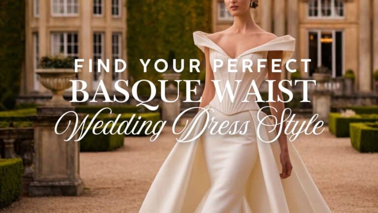 A Basque waist wedding dress features a structured silhouette with a fitted bodice that elegantly flares into a voluminous skirt, enhancing the waistline. The design often includes off-the-shoulder sleeves, adding sophistication, while the fabric exhibits a fine sheen that catches the light. Set against a lush garden backdrop, this dress captures timeless elegance, making it a stunning choice for bridal attire.
