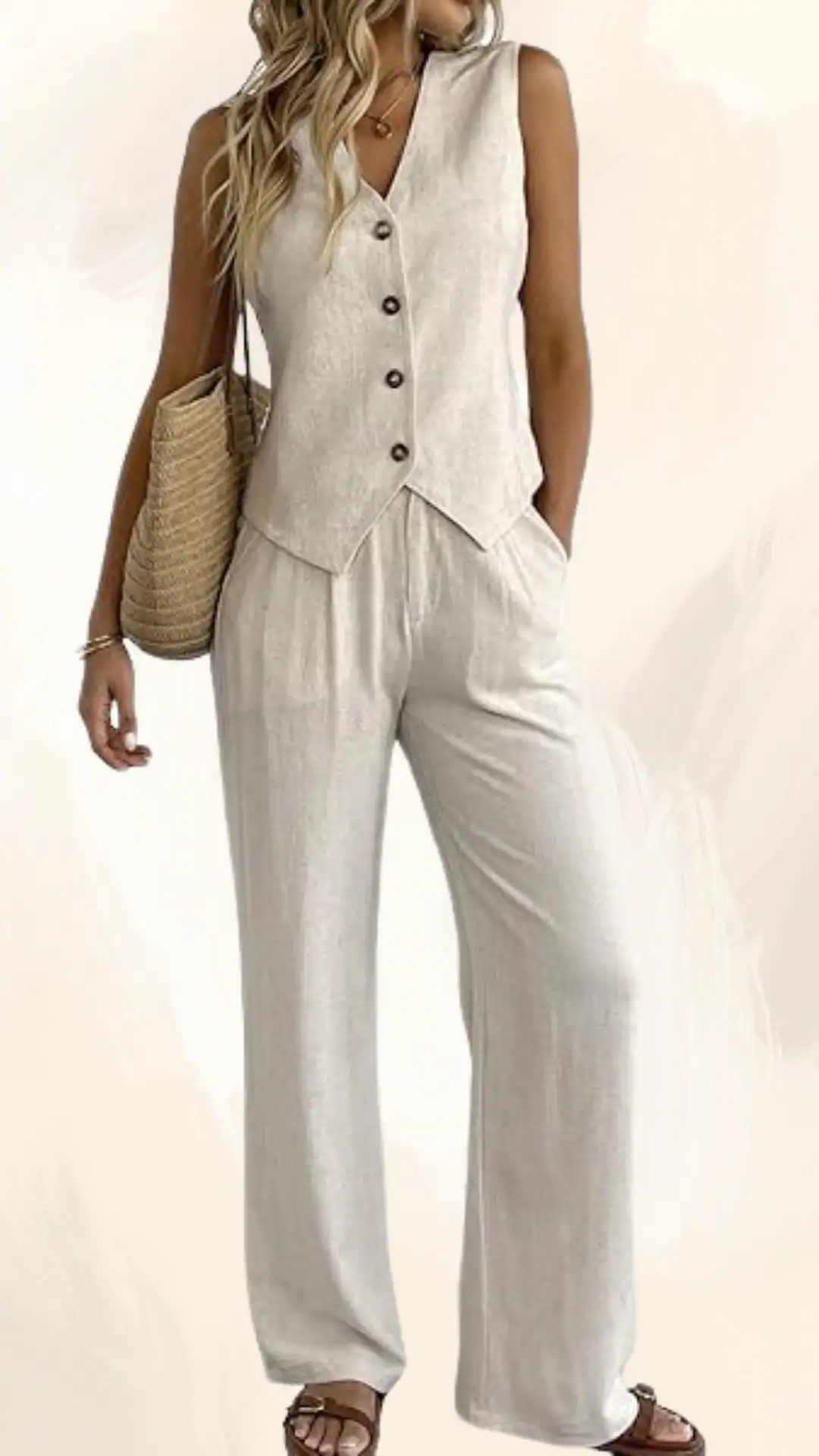 This outfit features a tailored linen matching set in a soft, neutral beige, exuding a relaxed yet polished vibe; the sleeveless vest has a button front and pointed hem, while the wide-leg pants offer comfort and effortless style. Ideal for casual outings or warm-weather gatherings, this ensemble combines breathable texture with chic design elements.