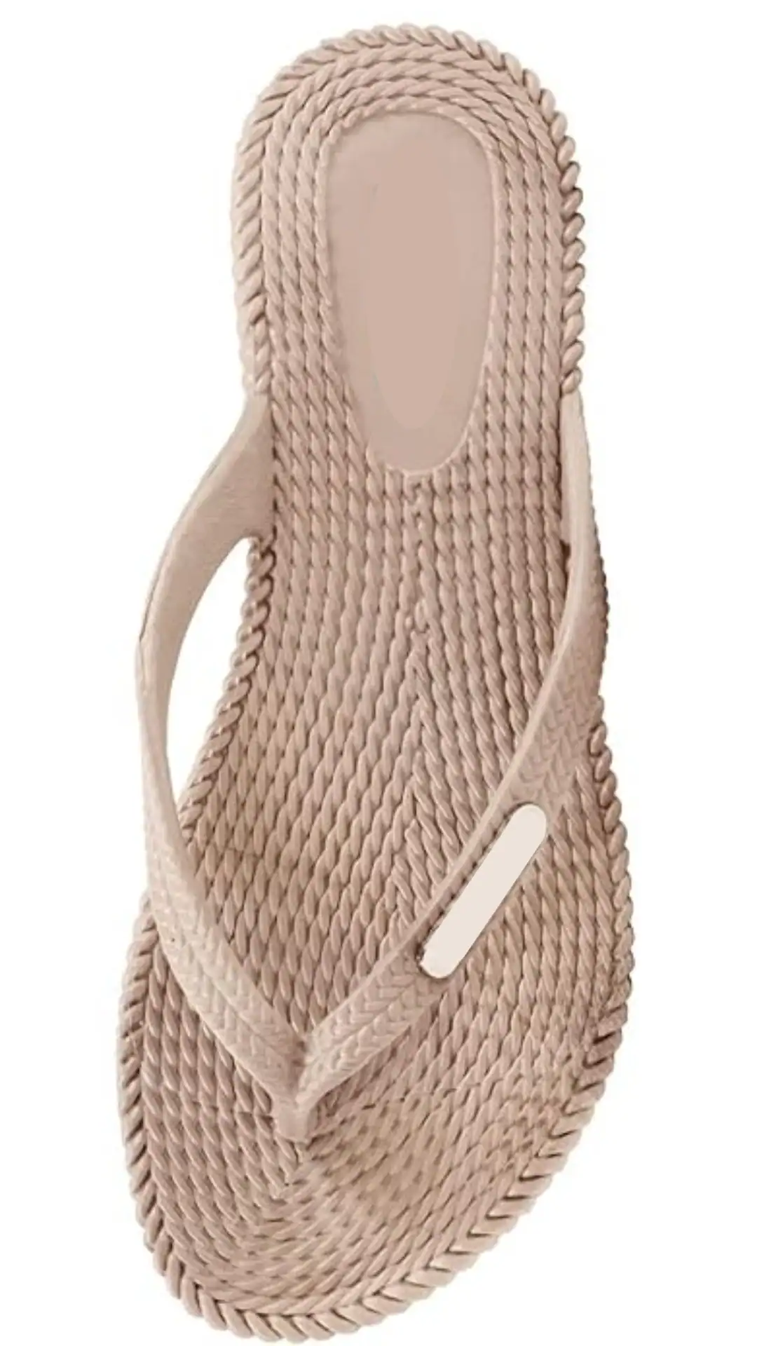 This summer flip-flop features a soft, textured rubber in a light beige hue, designed with a woven pattern on the strap and footbed for added comfort and grip. Its casual style makes it perfect for beach outings or relaxed summer gatherings, embodying an effortless and laid-back vibe.