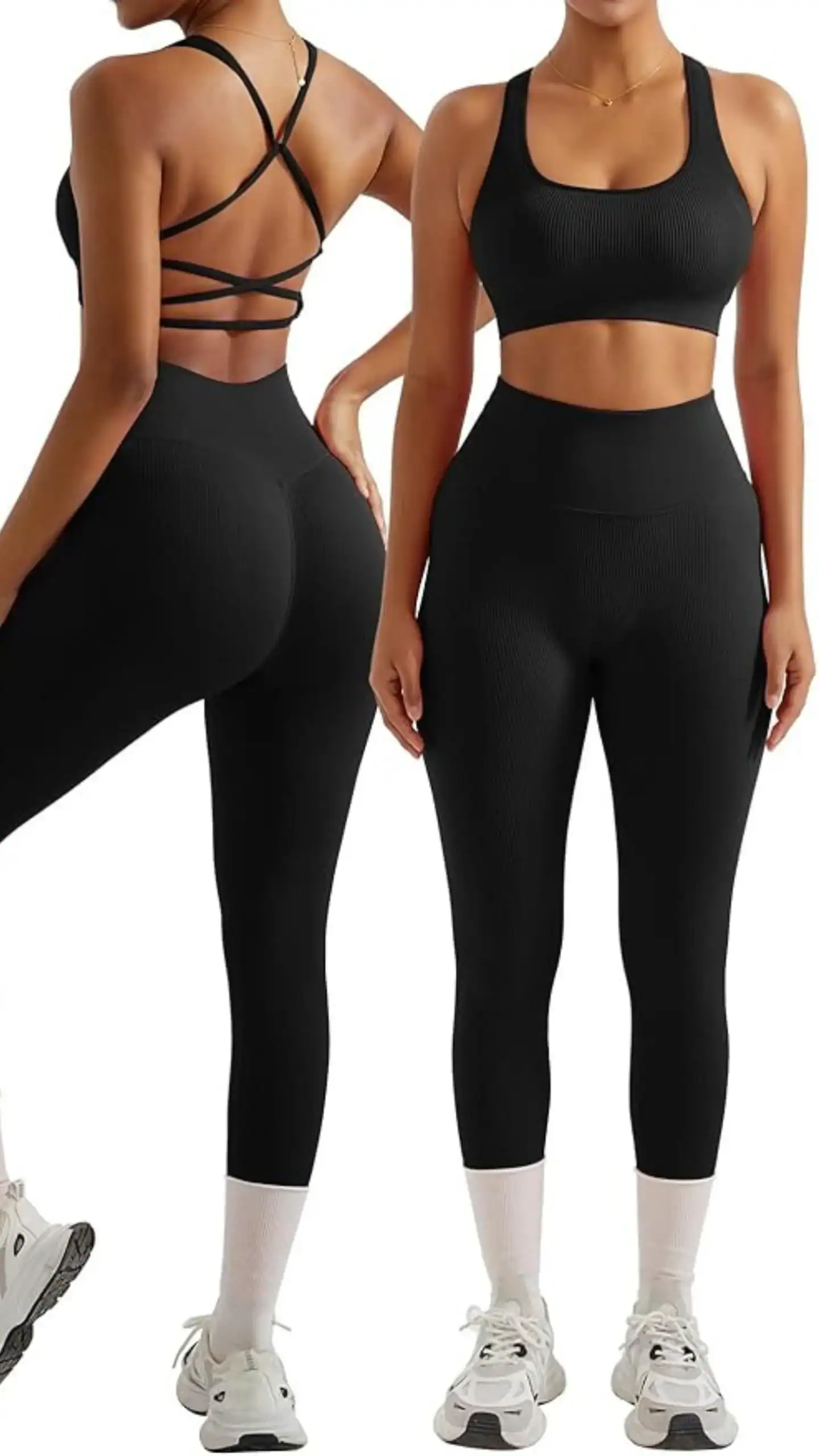 This two-piece workout set features a sleek black design with a backless crisscross strappy crop top and seamless high-waisted leggings, crafted from a buttery soft nylon and spandex blend for a flexible, breathable fit. The overall vibe is sporty and modern, perfect for activities like yoga, running, and gym workouts.