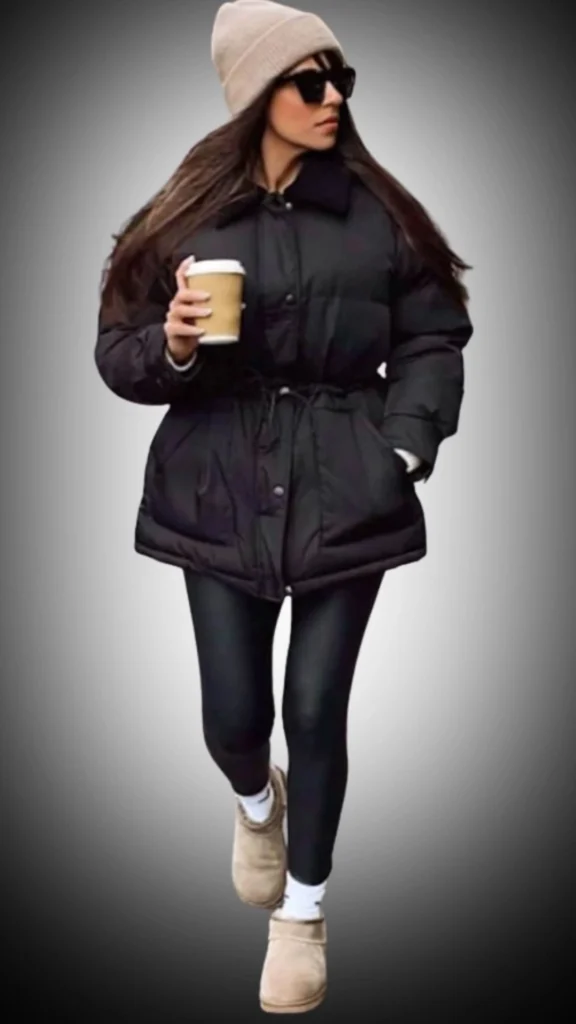 The outfit features a stylish black puffer coat with a cinched waist for a flattering silhouette, complemented by black leggings. A beige knit beanie adds a cozy touch while the light brown slip-on boots provide comfort, creating a chic winter look perfect for casual outings.