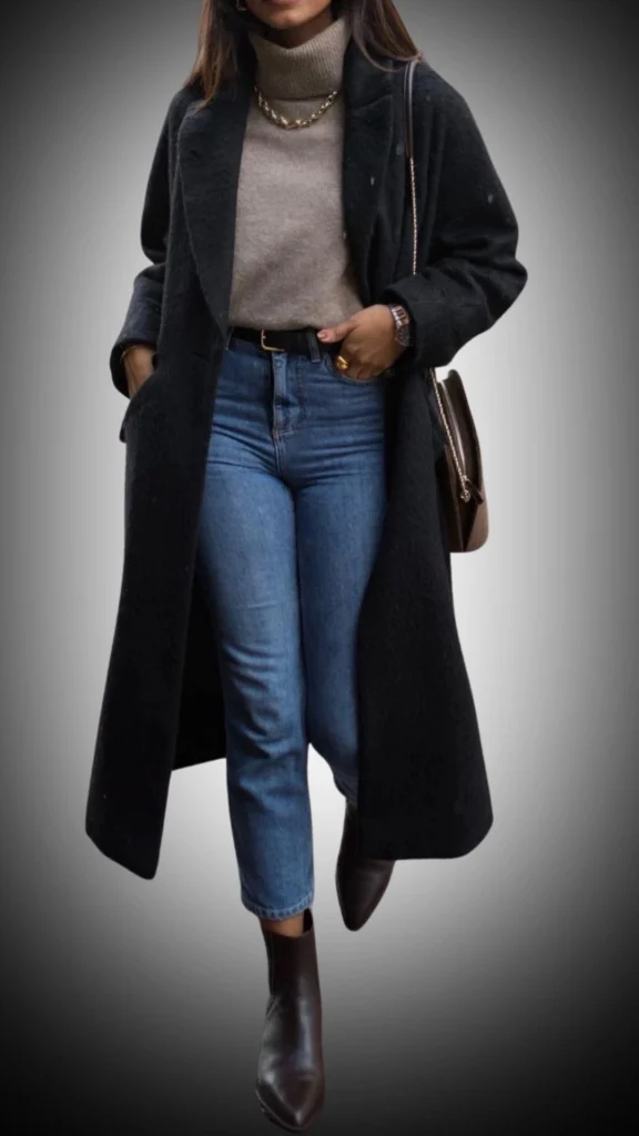 A long, black wool coat with a classic silhouette features a notched collar and side pockets, layered over a light beige turtleneck sweater for warmth. The outfit pairs well with mid-rise blue denim jeans and sleek brown ankle boots, adding a stylish contrast to the overall look. Subtle gold accessories enhance the elegance of this winter ensemble.