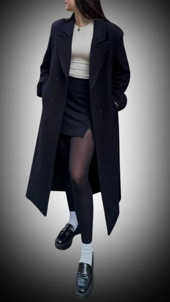 A long black double-breasted coat with a tailored fit features a classic notched collar, layered over a fitted beige top and a stylish black mini skirt. The outfit is complemented by sheer black tights and chunky black loafers, creating a sleek and sophisticated winter look. The combination of textures and contrasting colors adds visual interest while maintaining a chic aesthetic.
