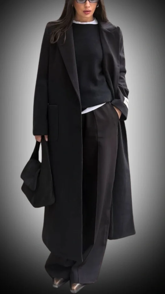 The outfit features a long, tailored black coat with a sleek, structured silhouette, paired with a black textured sweater underneath and high-waisted black trousers. The look is completed with stylish silver-pointed shoes and a black bag, creating a chic and sophisticated ensemble perfect for winter wear. The monochromatic color scheme enhances the outfit's elegance and versatility.
