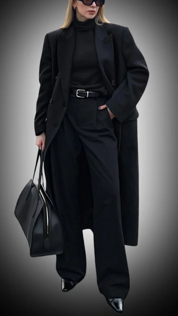 A long black overcoat with a tailored silhouette is layered over a fitted black turtleneck, paired with wide-leg black trousers that create a chic, streamlined look. The outfit is complemented by a black leather belt and pointed-toe black heels, exuding elegance and sophistication for winter wear. A structured black handbag adds a practical yet stylish touch to the ensemble.