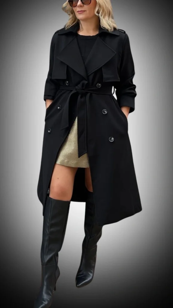 A stylish black trench coat features a double-breasted front, wide lapels, and a waist tie, providing a chic silhouette. Paired with a shimmering gold mini skirt and sleek knee-high black boots, this outfit combines elegant textures and tones for a fashionable winter look. The coat's tailored fit and polished details elevate the overall ensemble.