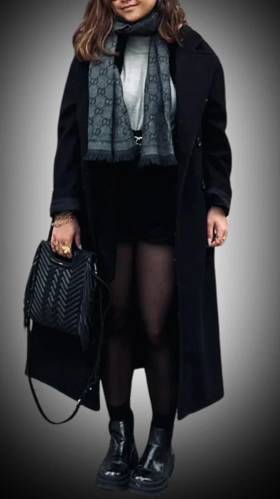 A long black overcoat with a tailored fit is layered over a light gray long-sleeve top, paired with black high-waisted shorts and sheer black tights. The outfit features a stylish gray scarf with a subtle logo pattern and is complemented by chunky black ankle boots and a textured black handbag, creating a chic winter look. The combination of textures and monochromatic colors adds sophistication and warmth to the ensemble.