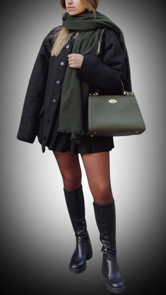 The outfit features a stylish black quilted coat with a relaxed silhouette and button closure, layered over a short black dress. A textured dark green scarf adds warmth and contrast, while knee-high black leather boots complete the ensemble, creating a chic winter look that balances comfort and sophistication. A sleek green handbag introduces a pop of color, enhancing the overall aesthetic.
