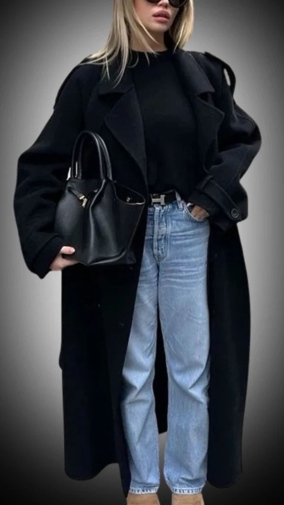 A chic black overcoat features a relaxed silhouette and textured fabric, layered over a fitted black sweater. Paired with light-wash straight-leg jeans and stylish tan ankle boots, this outfit exudes contemporary elegance, making it perfect for winter styling. A sleek black handbag completes the look, adding a touch of sophistication.