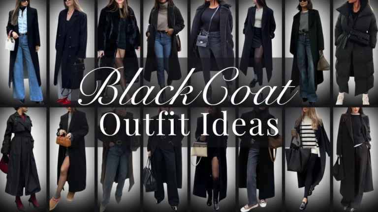 A variety of black coats are showcased, including long, tailored styles, textured and plush options, as well as puffer jackets. These outfits feature layers of cozy sweaters, fitted turtlenecks, and sleek trousers or skirts, often complemented by bold footwear like ankle boots or sneakers. The cohesive black palette allows for versatile layering and stylish contrasts with bright accessories, making them ideal for winter fashion.