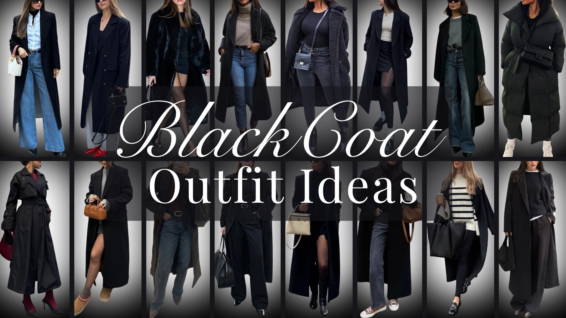 A variety of black coats are showcased, including long, tailored styles, textured and plush options, as well as puffer jackets. These outfits feature layers of cozy sweaters, fitted turtlenecks, and sleek trousers or skirts, often complemented by bold footwear like ankle boots or sneakers. The cohesive black palette allows for versatile layering and stylish contrasts with bright accessories, making them ideal for winter fashion.