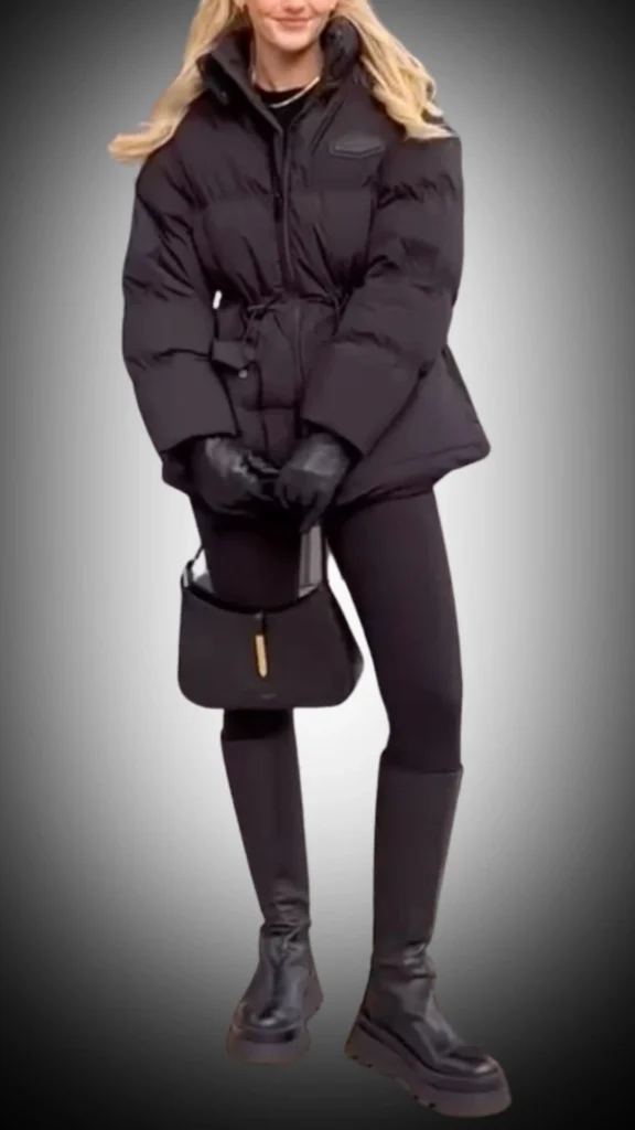 A stylish black puffer coat features a belted waist for a tailored silhouette, paired with sleek black leggings and knee-high leather boots. The outfit is complemented by matching leather gloves and a small handbag, creating a chic, monochromatic look ideal for winter. The textures range from soft puffer fabric to polished leather, enhancing both warmth and sophistication.