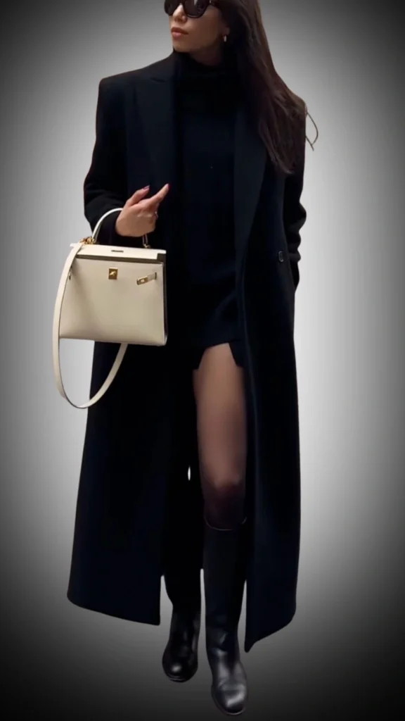 A chic long black coat drapes elegantly over a fitted black turtleneck dress, creating a sleek silhouette that exudes sophistication. The outfit is complemented by knee-high black leather boots and a structured white handbag, adding a stylish contrast. This ensemble combines rich textures and a monochromatic color palette, perfect for winter outings.