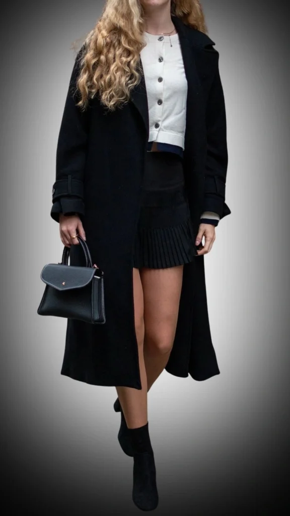 The outfit features a long, black wool coat with a classic cut and prominent collar, layered over a light beige, cropped top adorned with dark buttons. Below, a stylish black pleated mini skirt contrasts the coat’s length, while sleek black ankle boots complete the look, adding a modern touch to this chic winter ensemble. A small, structured black handbag enhances the overall elegance of the outfit.
