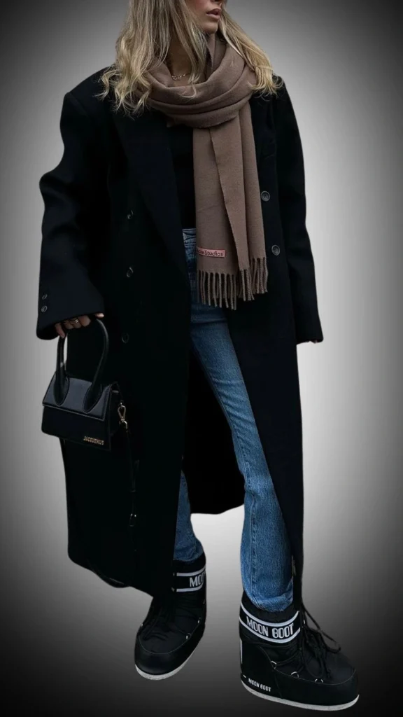 The outfit features an oversized black wool coat with a double-breasted design and a textured finish, layered over a fitted black top and light blue jeans. A soft, oversized brown scarf adds warmth, while black Moon Boots provide a stylish, winter-ready footwear option. The accessories include a sleek black handbag, enhancing the overall chic and contemporary look.