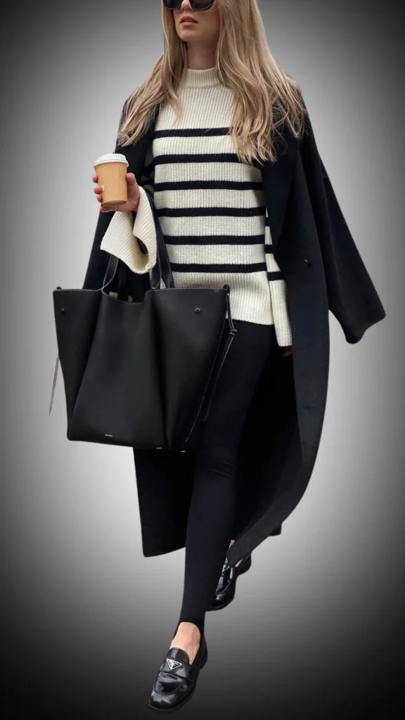 A long, tailored black coat layers over a cream and navy striped knitted sweater, providing warmth and sophistication. Paired with sleek black leggings and shiny loafers, the outfit is complemented by a structured black tote bag, creating a modern and stylish winter look. The combination of textures adds depth, while the monochromatic palette ensures versatility.