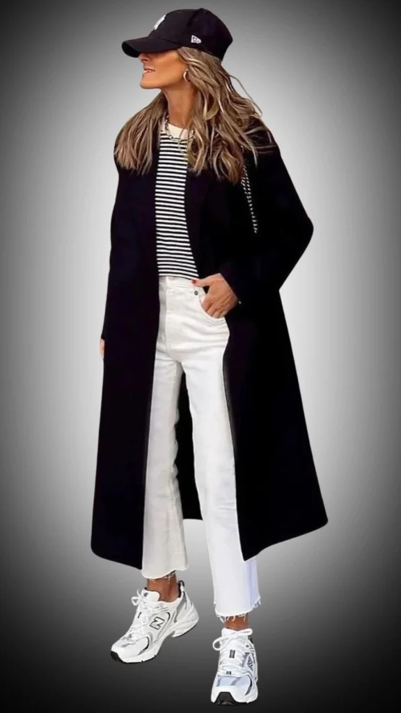 A long black coat with a sleek, minimalist design features a slightly oversized fit, providing a modern silhouette. Underneath, a fitted striped long-sleeve top adds a classic touch, while white cropped jeans with frayed hems complete the outfit, offering a chic and effortless look, all paired with stylish white sneakers for a casual vibe.