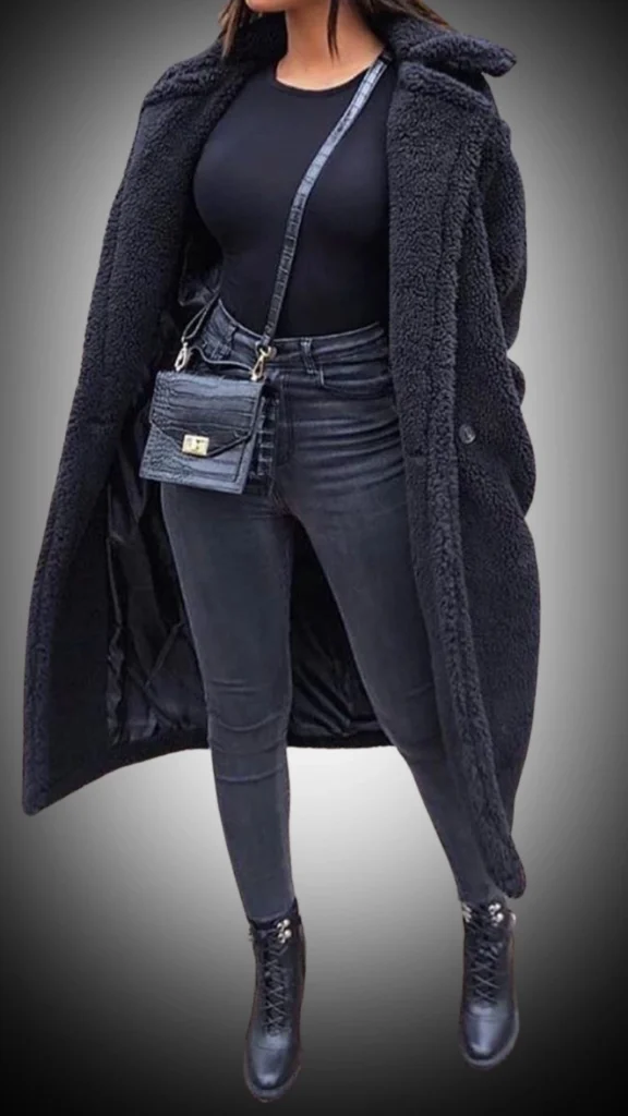 A long, black, plush coat with a textured, fuzzy exterior is layered over a fitted black top and slim black jeans, creating a sleek and monochromatic winter look. The outfit is completed with stylish black lace-up boots and a small, structured handbag, adding a touch of sophistication to the warm ensemble. This combination of textures and shades offers both comfort and elegance for winter outings.