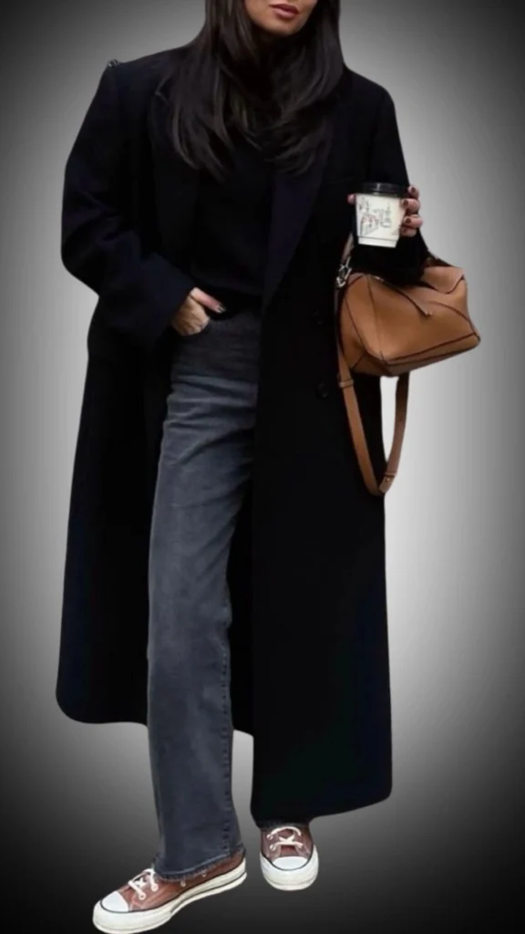 The outfit features a long, tailored black coat with a textured fabric, layered over a fitted black sweater and gray high-waisted jeans. It is paired with stylish brown sneakers and complemented by a structured tan handbag, creating a chic and modern winter look. The combination of dark colors and contrasting textures adds depth and sophistication to the ensemble.