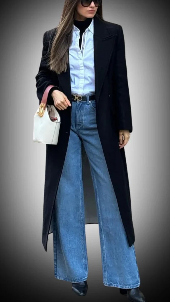 The outfit features a long, tailored black coat made from a structured fabric, layered over a crisp white shirt and a black turtleneck for added warmth. The wide-leg, high-waisted denim jeans in a light wash add a modern touch, while black ankle boots complete the stylish look. Accessories include a small white handbag with a contrasting strap, enhancing the outfit's sophisticated appeal.