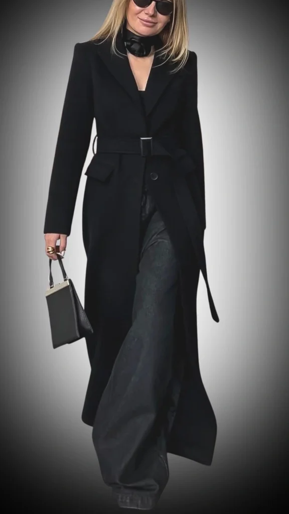 The outfit features a long black wool coat with a belted waist, complemented by wide-leg black trousers that add a sleek silhouette. The coat has notched lapels, while the layered top and accessories, including a black scarf and sunglasses, enhance its chic winter appeal. The overall ensemble showcases a polished, monochromatic look ideal for elevated winter style.