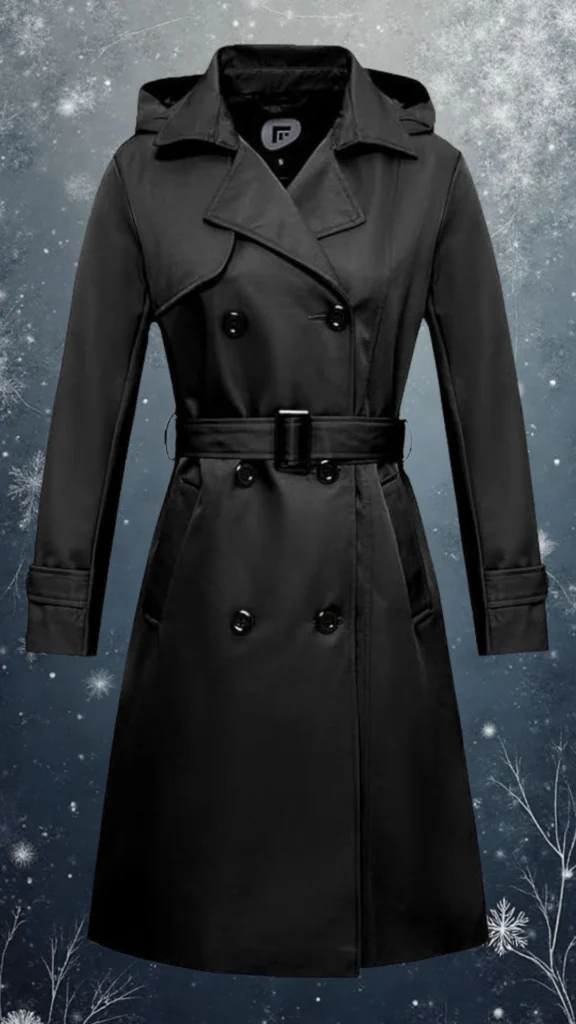 A stylish black trench coat featuring a double-breasted design with glossy buttons, wide lapels, and a belted waist for a flattering silhouette. The coat has a smooth, water-resistant finish and long, fitted sleeves, making it both practical and elegant for winter wear. The addition of a spacious hood enhances its functionality while providing a chic look.