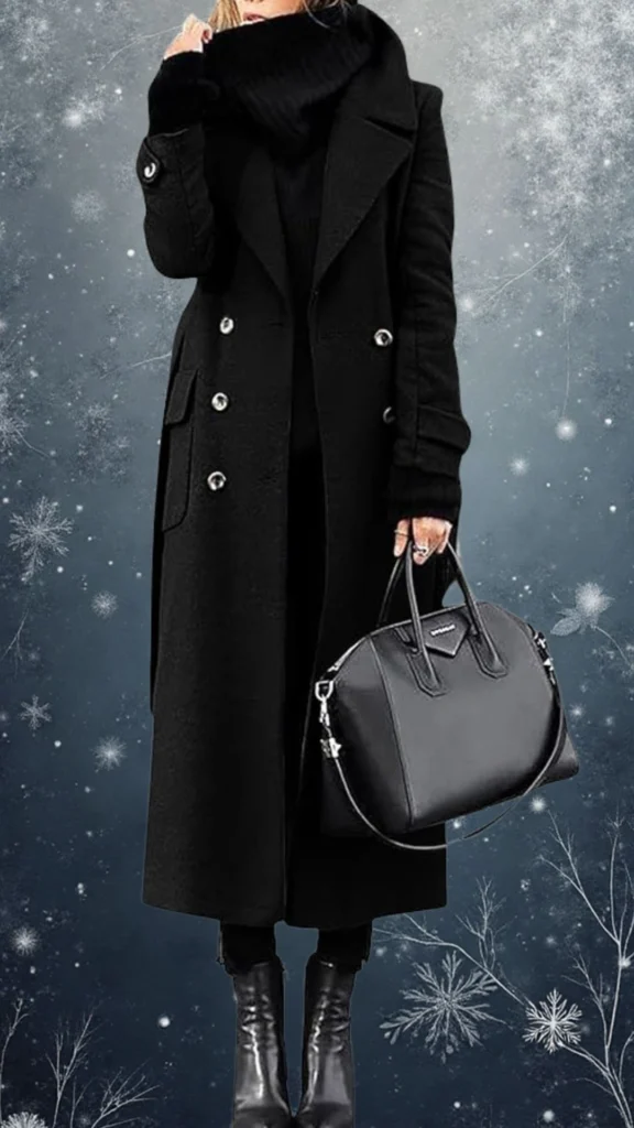 The coat is a long, black wool blend with a soft, textured finish, featuring a stylish double-breasted design and oversized lapels. It has fitted long sleeves, contrasting shiny silver buttons for closure, and large side pockets, exuding sophistication and warmth, ideal for winter wear. A high neck adds extra coziness, making it both functional and fashionable.