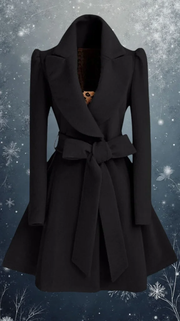 A tailored black wool coat featuring a dramatic notched collar and structured shoulders, with long sleeves that gently taper at the wrists. The coat is cinched at the waist by a matching belt, creating a flattering silhouette, while a flared hem adds an elegant touch. The soft texture enhances warmth and comfort, making it a stylish choice for winter.