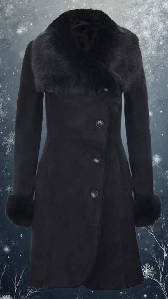 This elegant black coat features a soft, textured suede exterior with a plush faux fur collar that adds a luxurious touch. The tailored silhouette includes long sleeves with fur cuffs and a stylish double-breasted closure adorned with sleek buttons. Ideal for winter, this coat combines warmth and sophistication, making it a beautiful addition to any woman's wardrobe.