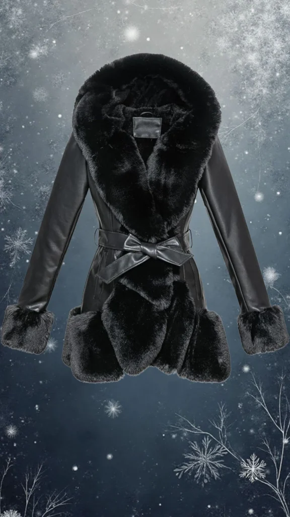 This elegant black winter coat features a luxurious faux fur collar and cuffs, combined with a sleek leather body for a chic silhouette. It includes a belted waist with a decorative bow, enhancing its tailored fit, while the soft texture adds warmth and comfort, making it a perfect choice for winter style. The coat's design balances sophistication with functionality, ideal for cold weather.