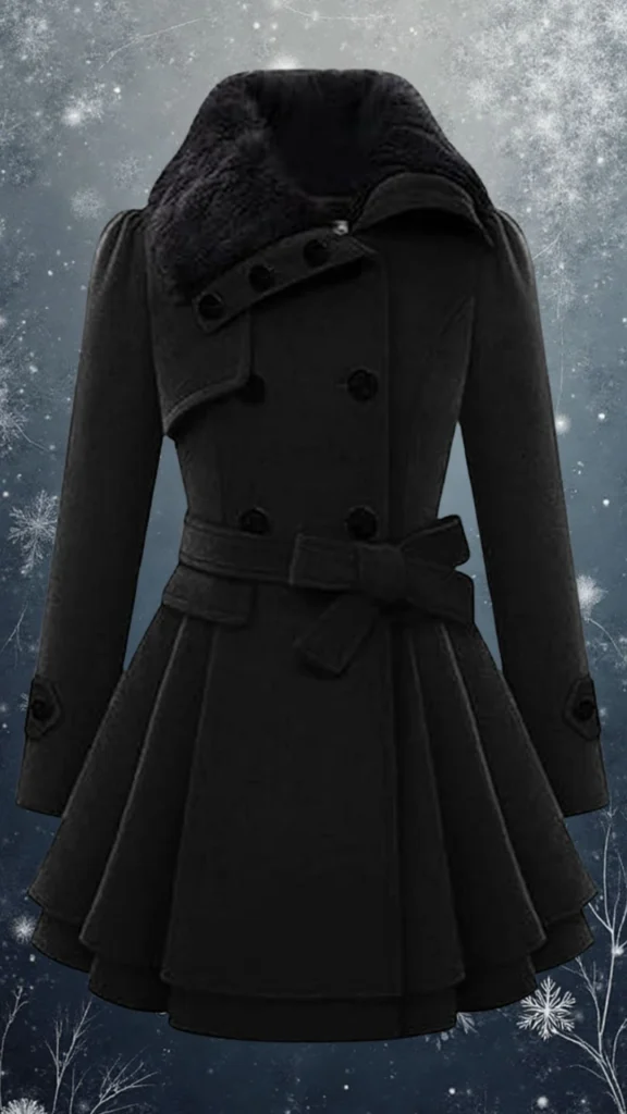 This women's black coat features a stylish double-breasted design with a plush, faux fur collar and elegant, flared hemline. The textured fabric is complemented by intricate button closures, while the belted waist accentuates the silhouette, providing a flattering fit for winter wear. Long sleeves with decorative button details complete the chic look.