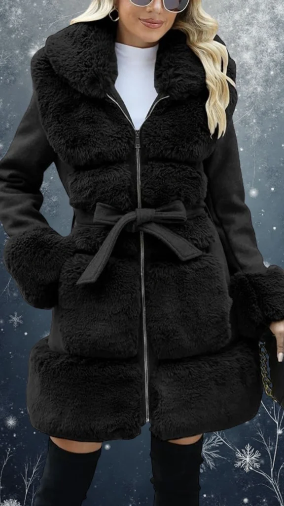 This stylish women's winter coat features a soft black faux fur texture with a wide, plush collar and a zip closure. The coat is cinched at the waist with a matching belt and has cozy, fur-lined sleeves, adding both warmth and elegance to its chic design. Two front pockets enhance its practicality, making it a beautiful choice for cold weather.