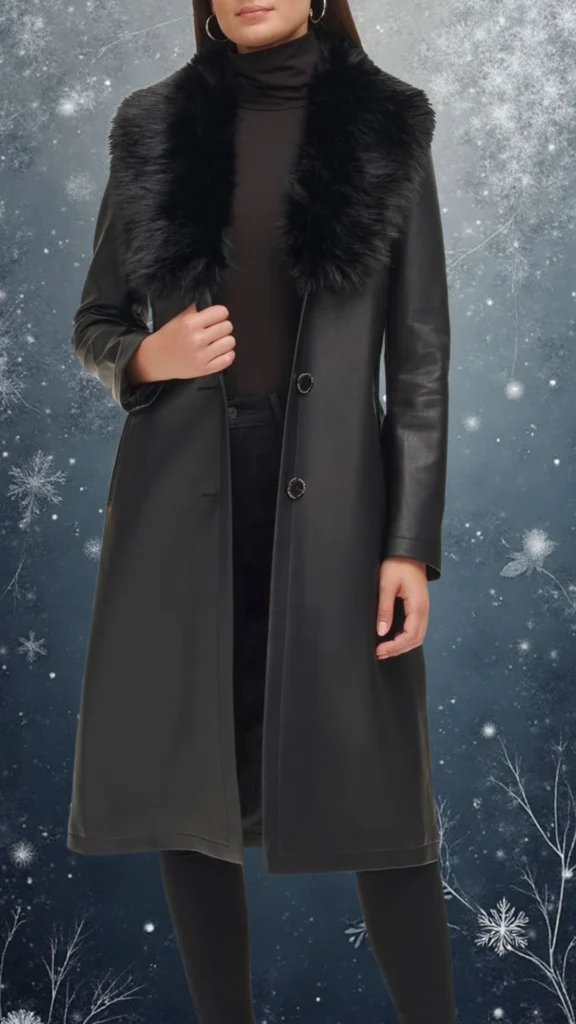 This elegant black winter coat features a sleek, tailored design with a plush faux fur collar, adding a touch of luxury. It features two round button closures, long sleeves with a smooth finish, and a knee-length cut that enhances warmth and style. The coat is perfect for colder months, combining sophistication with practical comfort.
