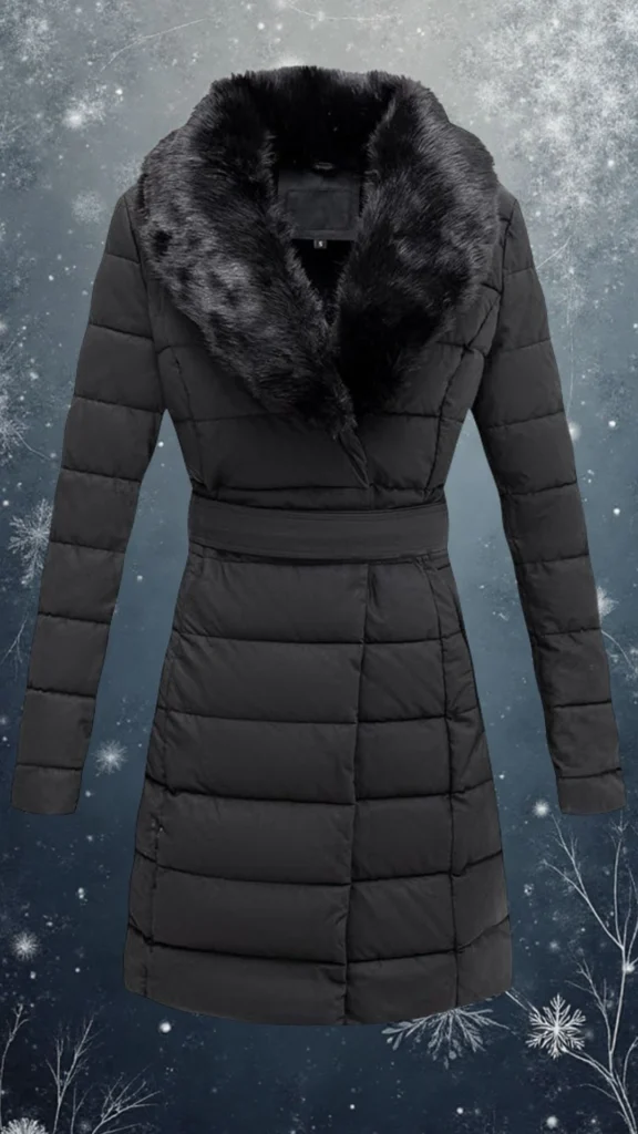 This sophisticated black winter coat features a sleek puffer design with a stylish faux fur collar that adds elegance and warmth. It has long sleeves, a flattering belted waist, and a quilted texture that ensures comfort while providing insulation against the cold. The coat's structured lapels and tailored silhouette create a chic and fashionable look suitable for winter occasions.