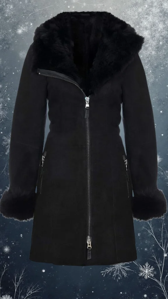 This elegant black coat features a soft, luxurious texture with a prominent faux fur collar and cuffs, adding warmth and style for winter. The coat includes a full-length zipper closure and two side pockets, enhancing both functionality and sophistication. Its tailored fit accentuates the silhouette, making it a chic addition to any winter wardrobe.