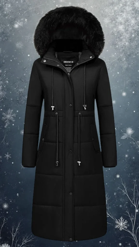 A stylish long black down coat designed for winter, featuring a plush faux fur hood and a sleek, smooth exterior. It has a zip and snap button closure, adjustable drawstrings at the waist for a tailored fit, and practical side pockets, perfect for keeping warm. The padded texture adds insulation while maintaining elegance, making it an ideal outerwear choice for cold weather.