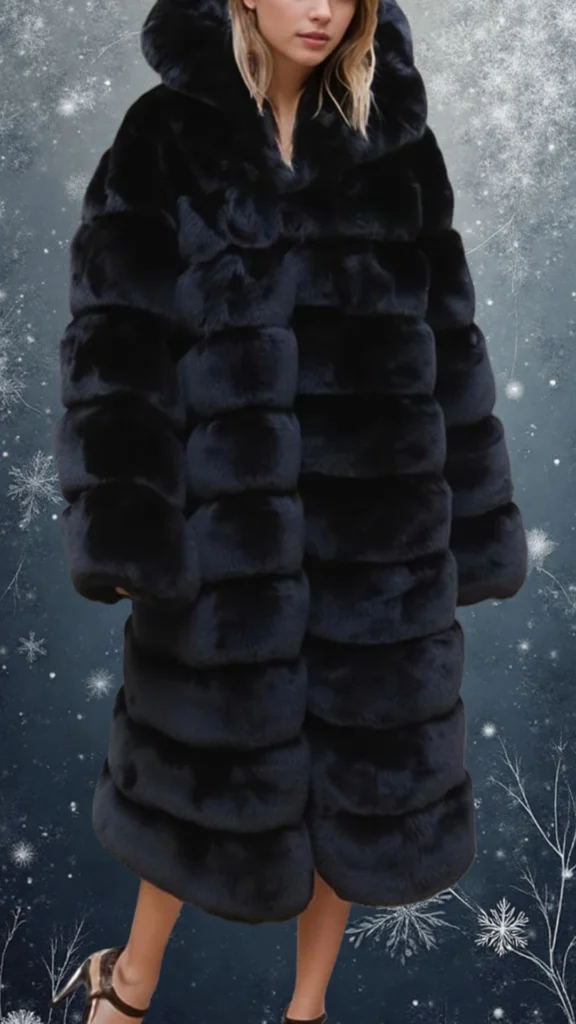 This luxurious black coat features a plush, textured faux fur with a chic, oversized hood and voluminous, puffed sleeves. The design showcases a series of elegant, rounded panels that create a striking silhouette, complemented by a relaxed fit for added comfort in winter. Front closures remain discreet, enhancing the coat's sophisticated appeal while providing warmth and style.