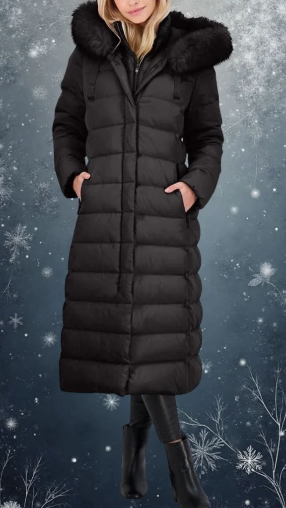 This women's black puffer coat features a long silhouette with quilted sections for insulation, a plush faux fur-lined hood, and practical side pockets. The coat has a zipper closure concealed by a flap, while the wide sleeves provide comfort and warmth, making it ideal for winter wear. The sleek design and modern aesthetic enhance its versatility for both casual and stylish outfits.