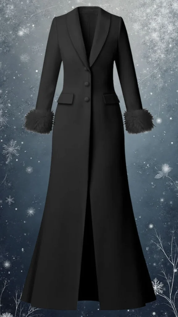 This elegant black winter coat features a long, tailored silhouette with a smooth woolen texture, complemented by sophisticated peak lapels. The coat has three buttons for closure and is adorned with plush, fur-lined cuffs that add a touch of luxury and warmth. Its deep front slit enhances mobility while maintaining a sleek appearance.