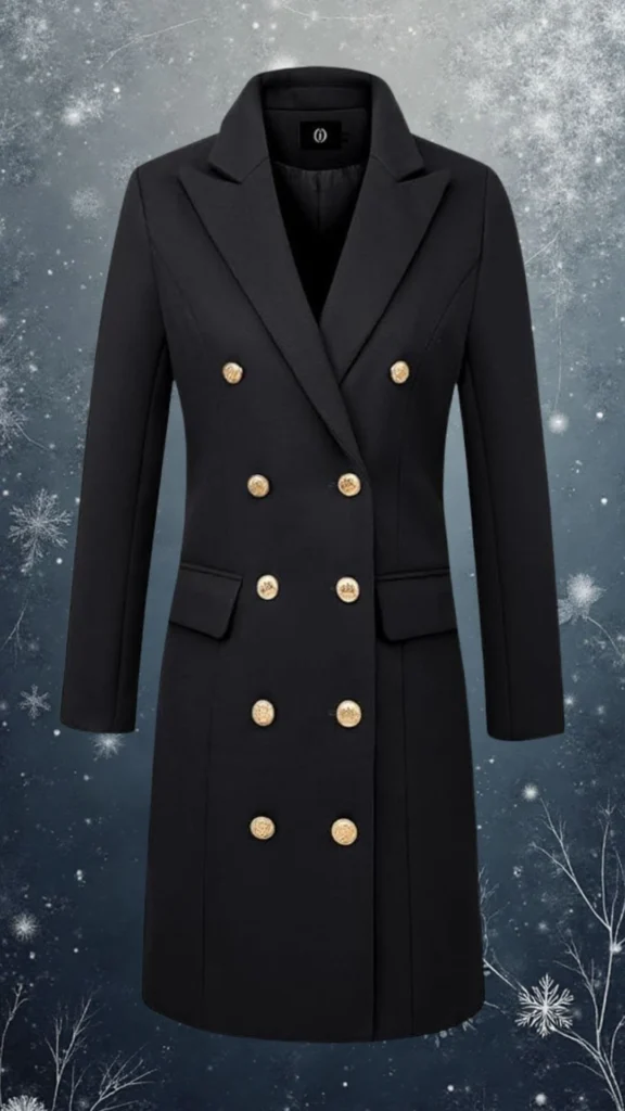 This stylish black winter coat features a tailored double-breasted design with sleek lapels and long sleeves. The textured fabric is enhanced by gold-tone buttons, adding an elegant touch, while side pockets offer practicality without compromising its refined silhouette. Perfect for keeping warm while looking chic in colder months.